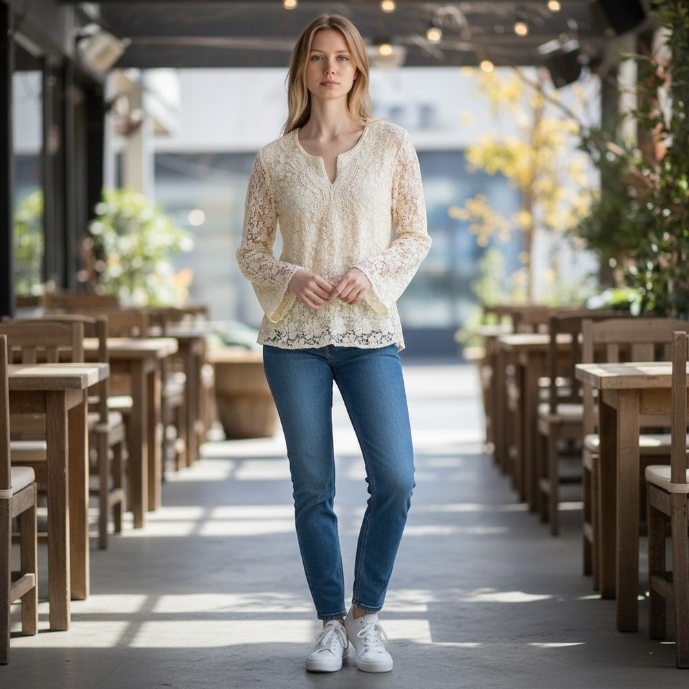 Coldwater Creek Lace Blouse Women L Cream Long Sleeve Split Neck Floral Top
